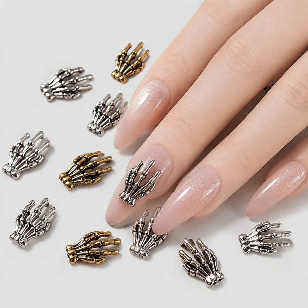10Pcs Metal Alloy Skeleton Skull Hand Nail Charms Punk Gothic 3D Hand‑Shaped Nail Decoration For Halloween DIY Nail Art Supplies