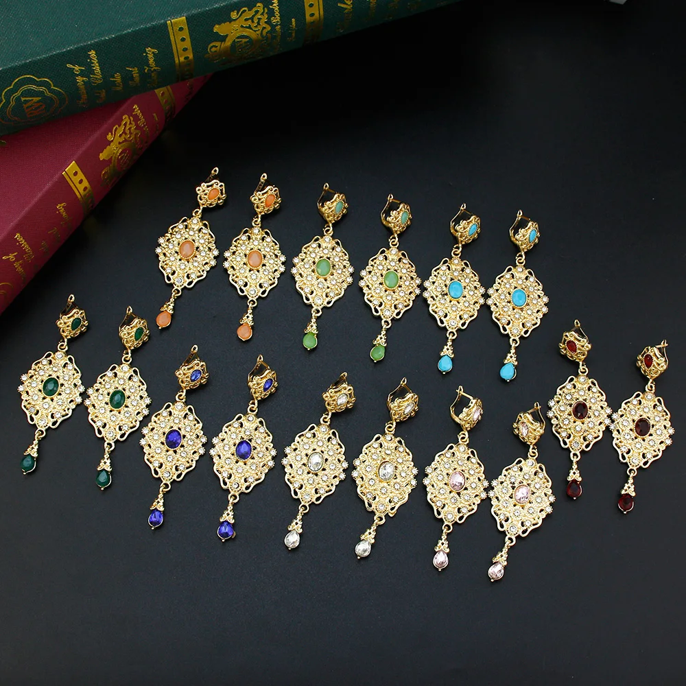 Sunspicems Chic Morocco Earring For Women Gold Color Arabic Flower Bride Jewelry Crystal Long Drop Earring Banquet Caftan Bijoux