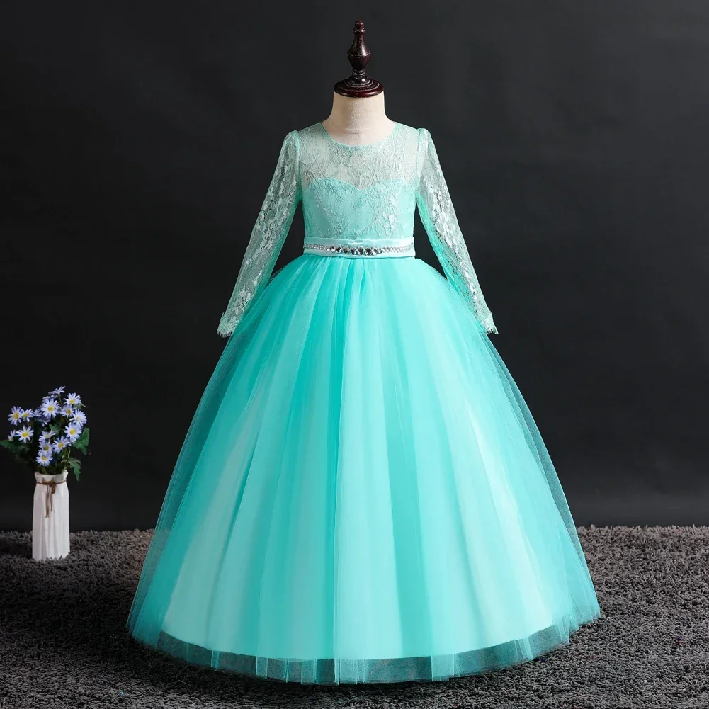 Vestido de manga larga para niña, falda de encaje para fiesta de boda, Vestidos de actuación, 6 colores, 120cm-170cm