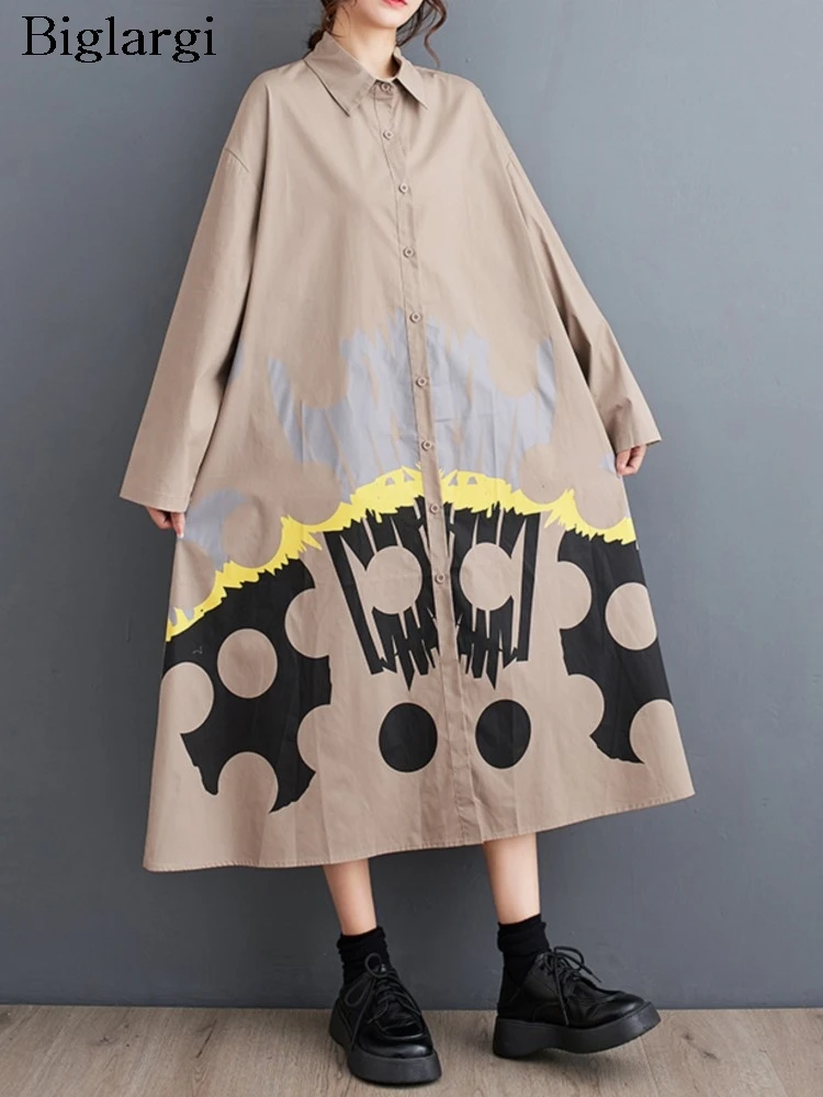 

Oversized Autumn Midi Shirt Dress Women Polka Dot Print Fashion Casual Ladies Dresses Loose Ruffle Pleated Woman Dress