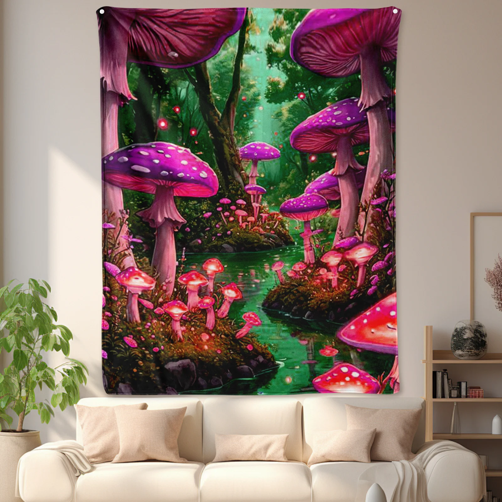 Manta con estampado de setas, magenta, verde y río, para decoración del hogar inspirada en la naturaleza, con acento esencial