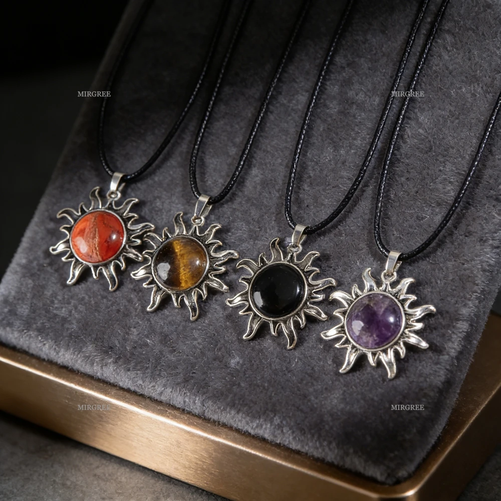 1pc Sun Natural Stone Necklace - Retro Silver Metal, Adjustable Black Rope Chain, Unisex Spiritual Jewelry