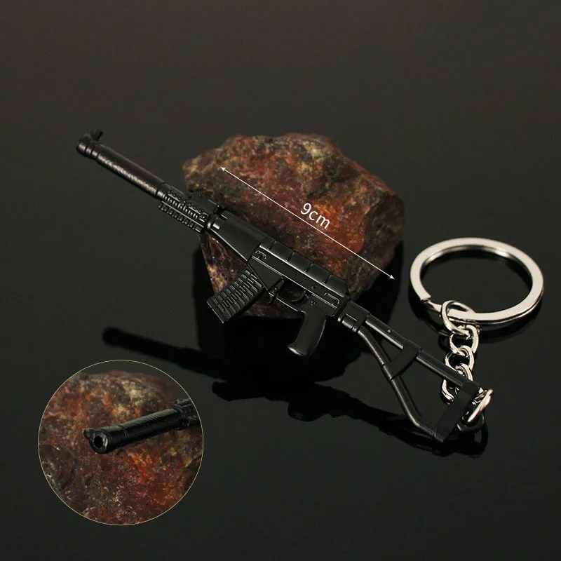 9CM Mini Gun Model Keychain AC-VAL Model Jewelry Weapon Metal Pendant Key Chain Bag Car Key Holders Gift For Kids Men