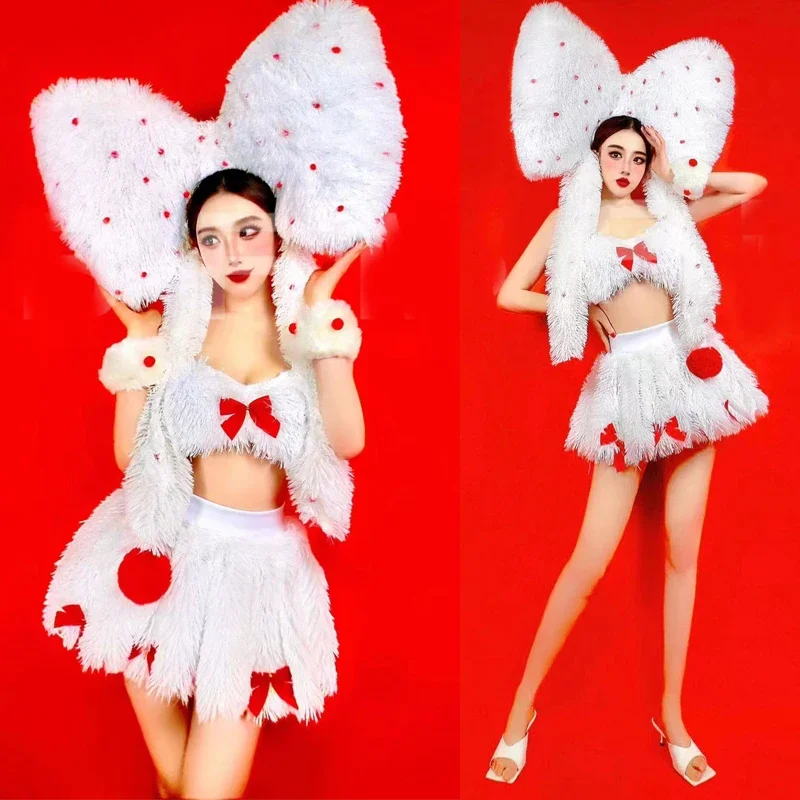 Pink Cute Suit Christmas Dancer Costume Big Bow Headwear White Fur Top Skirt Show Nightclub Stage Outfit Party Rave Clothes