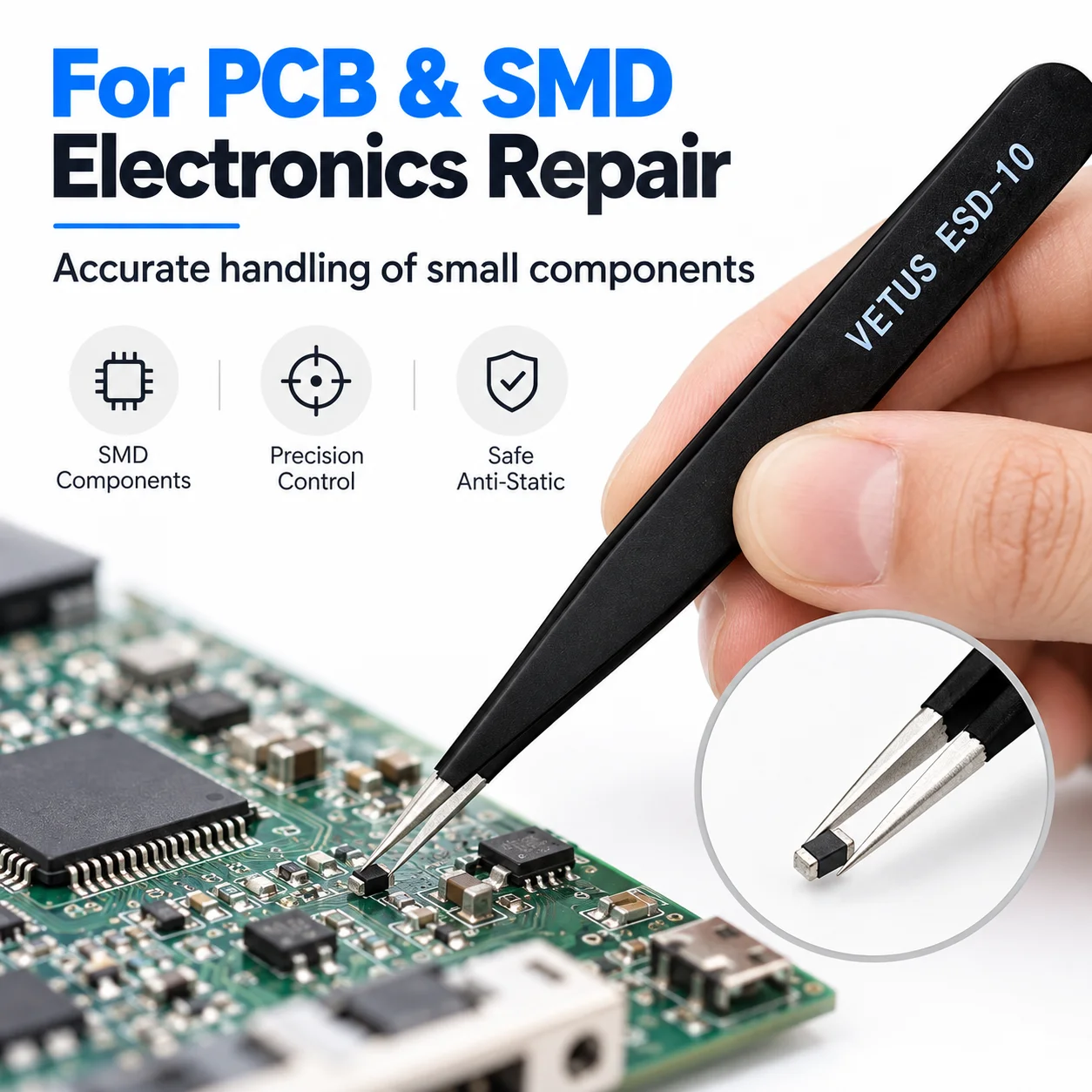 VETUS ESD-10 Präzisions-ESD-Pinzette Antistatisch Feine Spitze Edelstahl für PCB SMD Elektronik-Lötarbeiten und Reparaturen – Detail 3