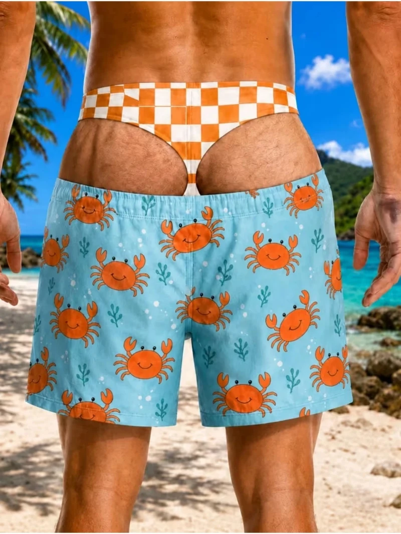 Men's 3D Creative Print Two-in-One Beach Shorts with Fun Crab Print Loose Fit Perfect for Surfing and Vacation