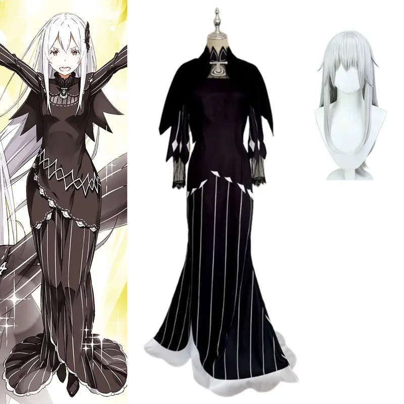 

Anime Re:Life in A Different World From Zero Echidna Cosplay Costume Black Evening Dress Long Skirt Wig Halloween Carnival Suit