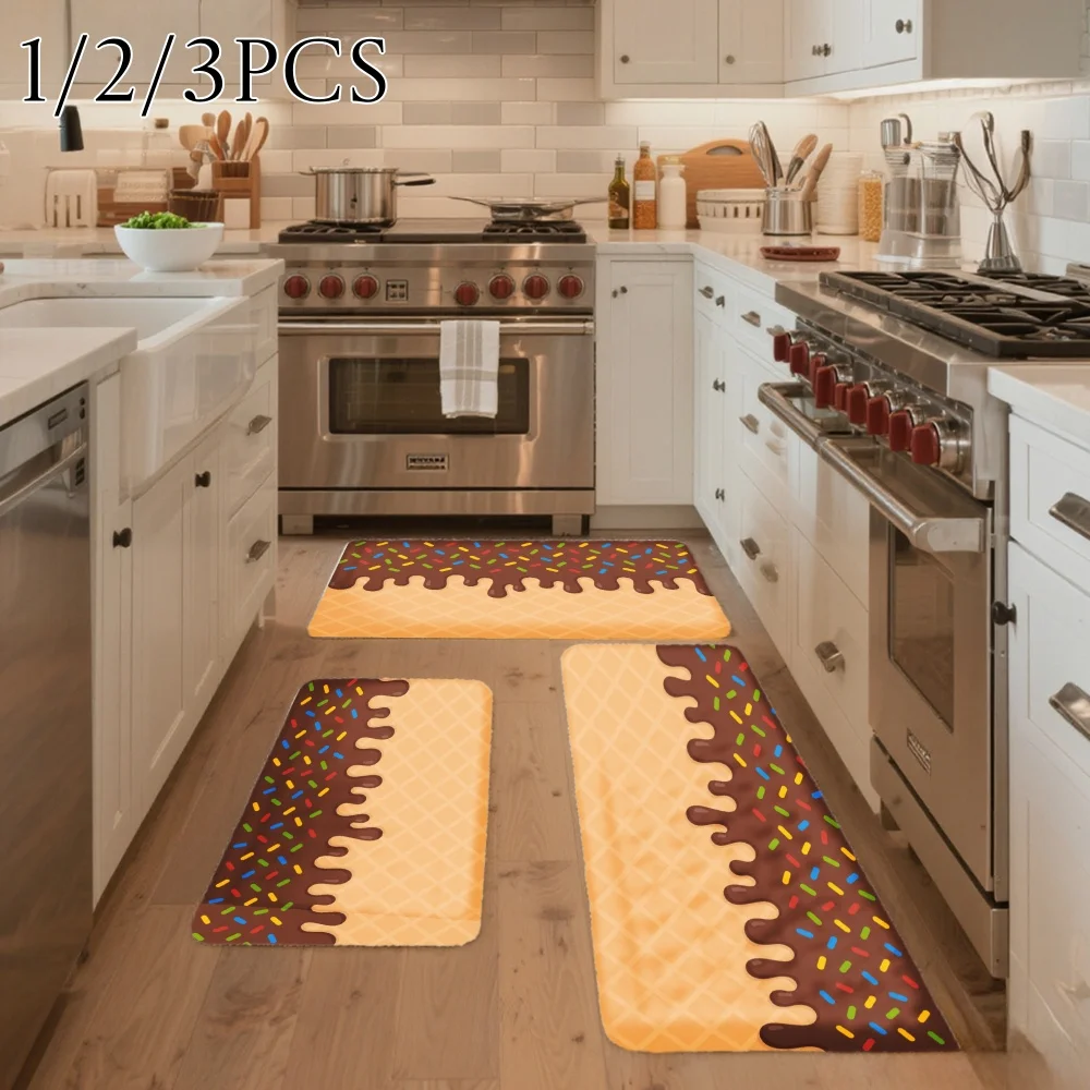 3PCS Kitchen Rugs,Home Decoration for Front Door,Kitchen,Bathroom,Chocolate Drizzle With Colorful Sprinkles Pattern Dining Mat