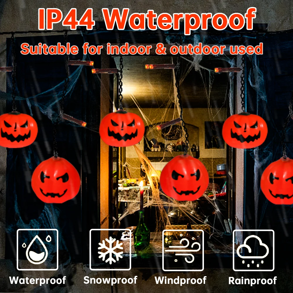 1pc LED Halloween Indoor Curtain String Lights With 10 Pumpkin and 25 Orange Mini Bulbs Ice Strip Light For Home Window Decor