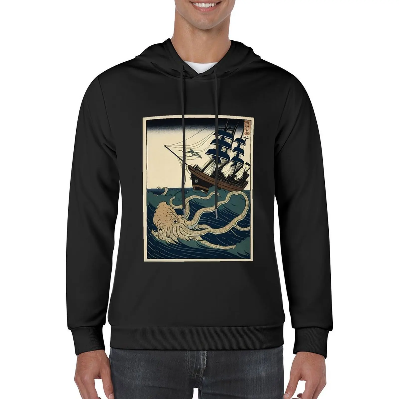 Squid Attacking A Ship Japanese Woodblock Print Hoodie korean style clothes men's sweat-shirt anime clothing graphic hoodie