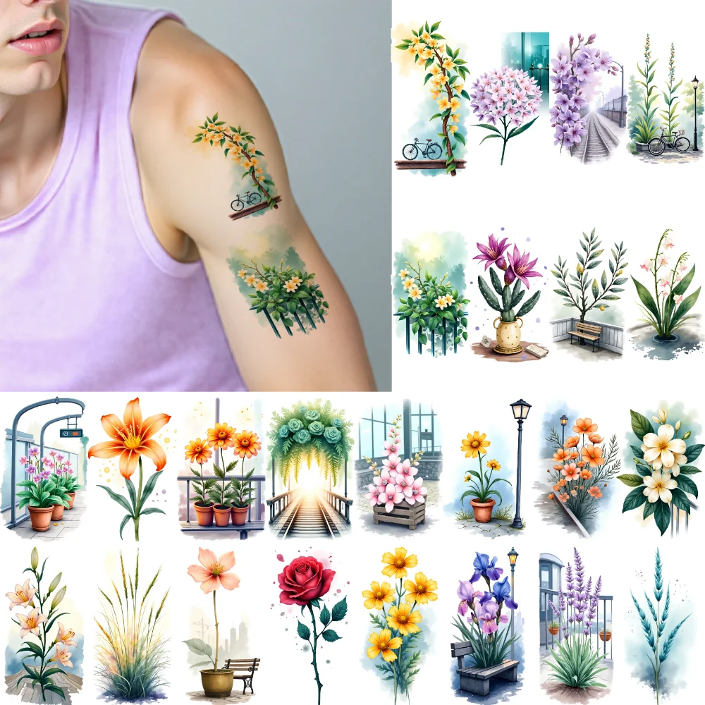 

9pcs Temporary Tattoo Waterproof Long-lasting Body Stickers Lamp Post Bridge Temporary Tattoo Stickers Sunflower For Chest