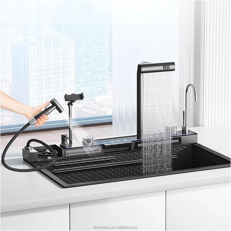 STLF High Quality  New Trend Handmade Smart Waterfall Multifunctional Kitchen Sink with Phone Holder and Airbrush