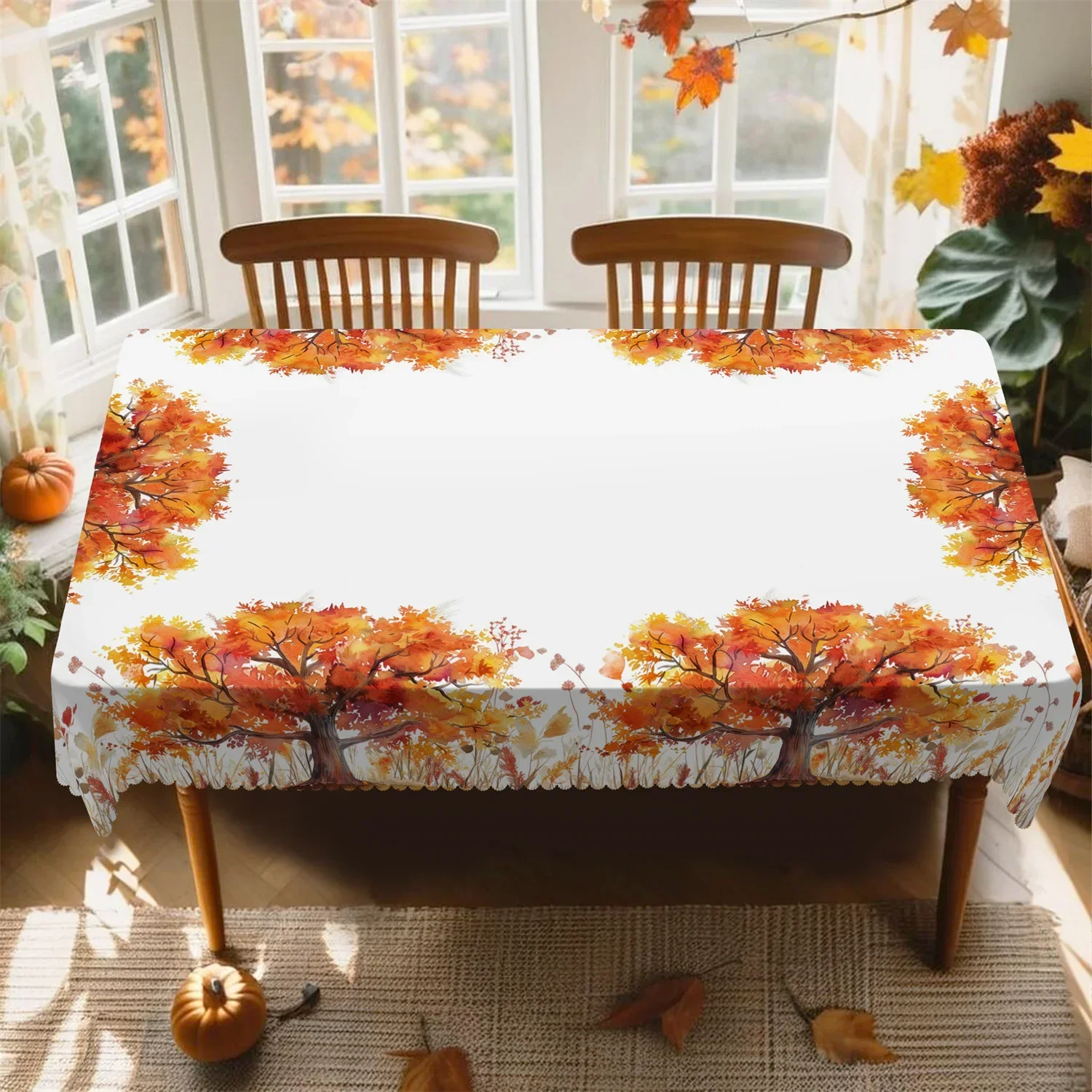 Hand-painted forest autumn tablecloth, 1 pack, suitable for Thanksgiving kitchen table decoration and party use. yzb