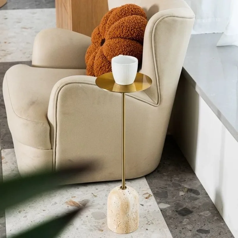Minimalist Retro Travertine Side Table, Compact Designer Small Sofa End Coffee Table in Black