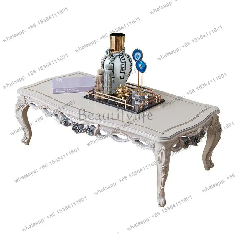 

European long coffee table simple solid wood rose carved piano paint neoclassical