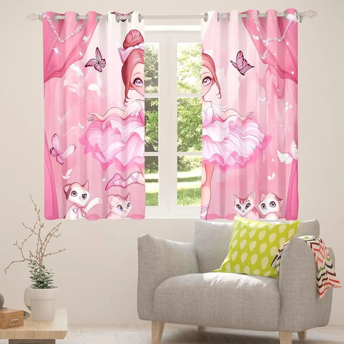 Beautiful Pink Fairy Princess Curtains Polyester Drapes for Home Decor Cute Cartoon Girl Kitten Butterfly Fantasy Window Panel B