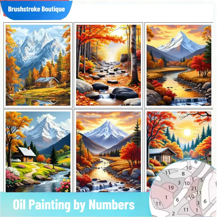 

Brushstroke BoutiquePainting by Number Kits Autumn Mountain Cabin Scene DIY Oil Painting Landscape Artcraft Handpaint Home Decor