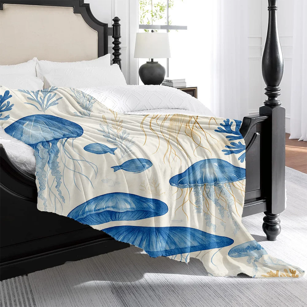 1pc Blue & Jellyfish Coral Reef Plush Fleece Blanket - Soft Quilted Marine Bedspread with Sea Turtle-like Fish & Nemo-Inspired P