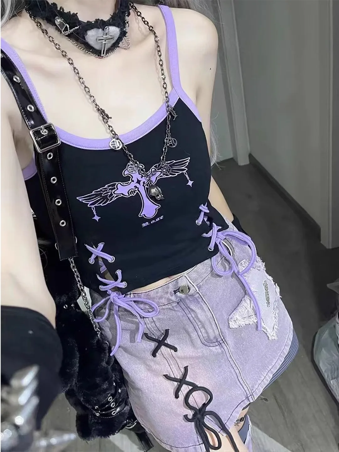 

Y2K Millennium Girl Purple Star Denim Skirt Women's Summer Subculture Design Sense Belted Legging ort Skirt