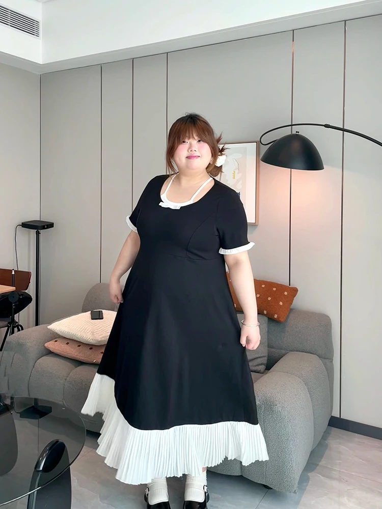 

plus Size Women's Dress Slimming Waist Design Hepburn Style Commute Long Dress Comfortable Fit Elegant Simple Style Short Sleeve