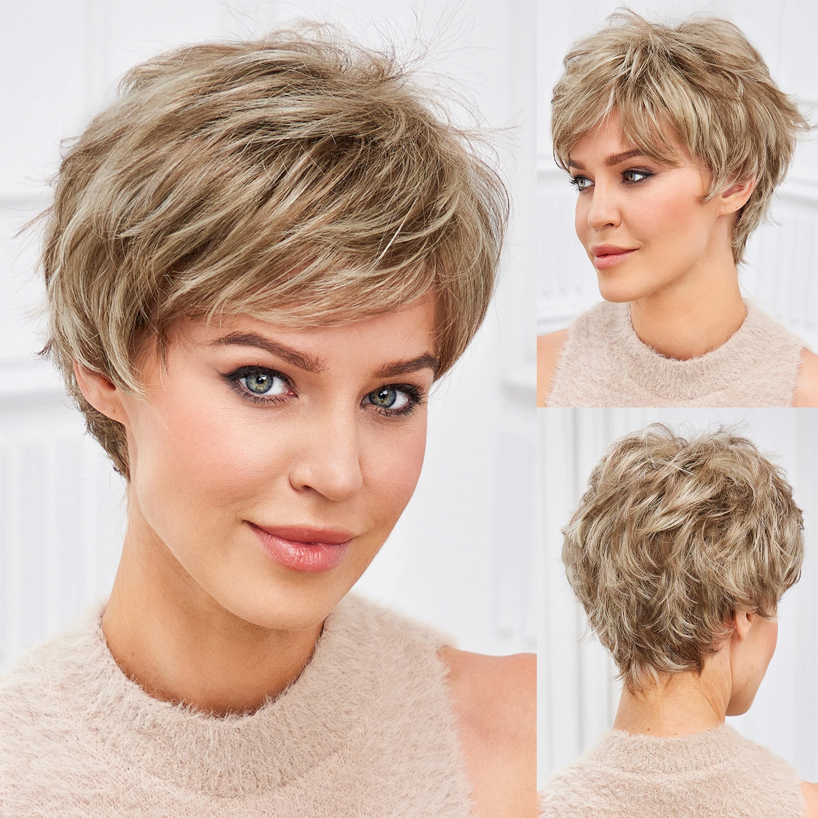 Loira clara misturada off-white curto pixie corte perucas para mulheres com franja kanekalon cabelo humano como textura natural em camadas cabelo