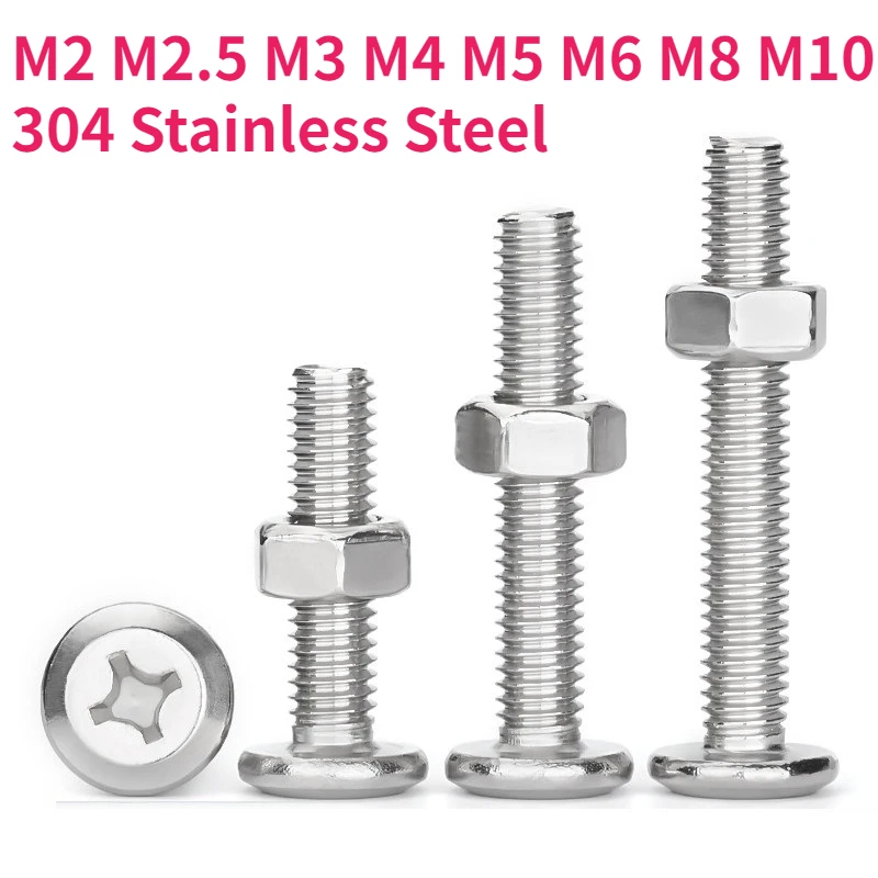 M2 M2.5 M3 M4 M5 M6 M8 M10 304 Stainless Steel Phillips Cross Large Flat Head Screw Bolt Furniture Rivet Hexagon Nuts Set