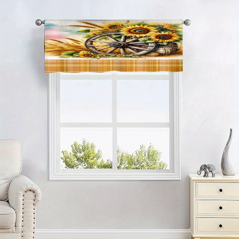  Farmhouse Wagon Wheel Sunflower Plaid Kitchen Curtain, Country Rustic Autumn Harvest Window Treatment for Kitchen Home