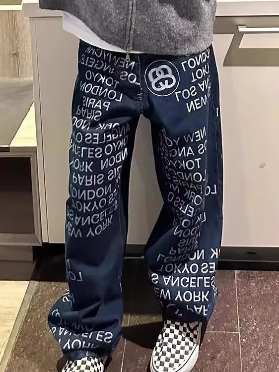 

Retro American Streetwear Letter Print Jeans High Waist Straight Leg for Men And Women Couple Trendy Brand Casual Jeans