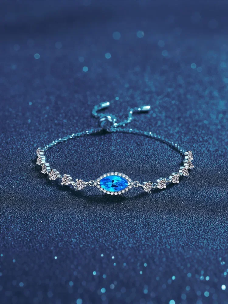 

Moissanite Charm Bracelet High Quality S925 Silver Blue Marquise Cut Adjustable Bracelets Fine Jewelry Luxury With