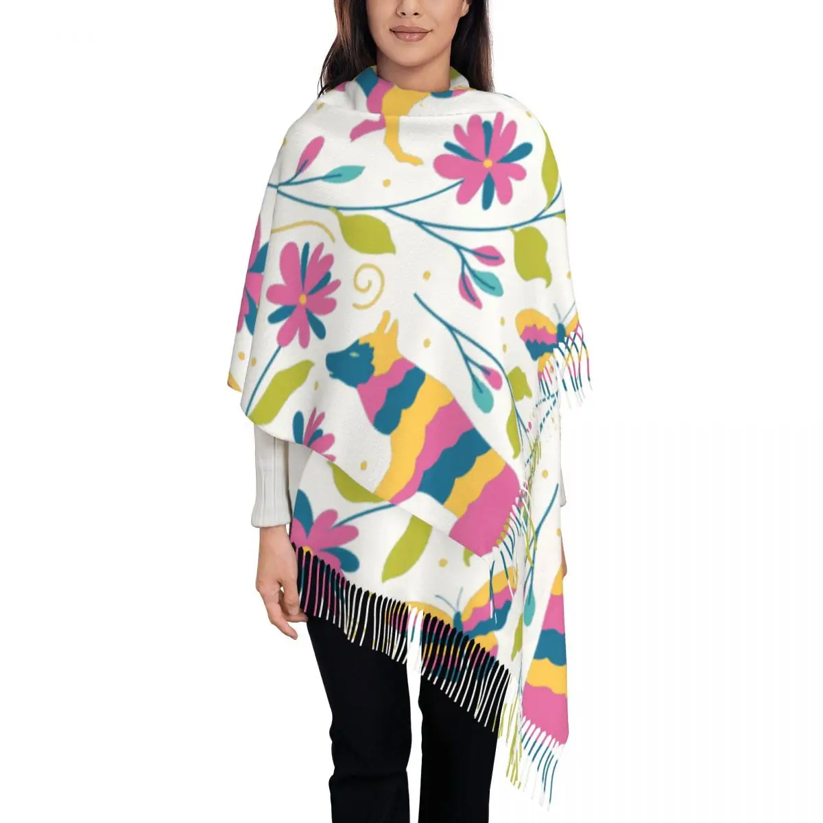 Personalized Print Mexican Otomi Embroidery With Wolfs Scarf Women Men Winter Fall Warm Scarves Floral Animal Art Shawls Wraps