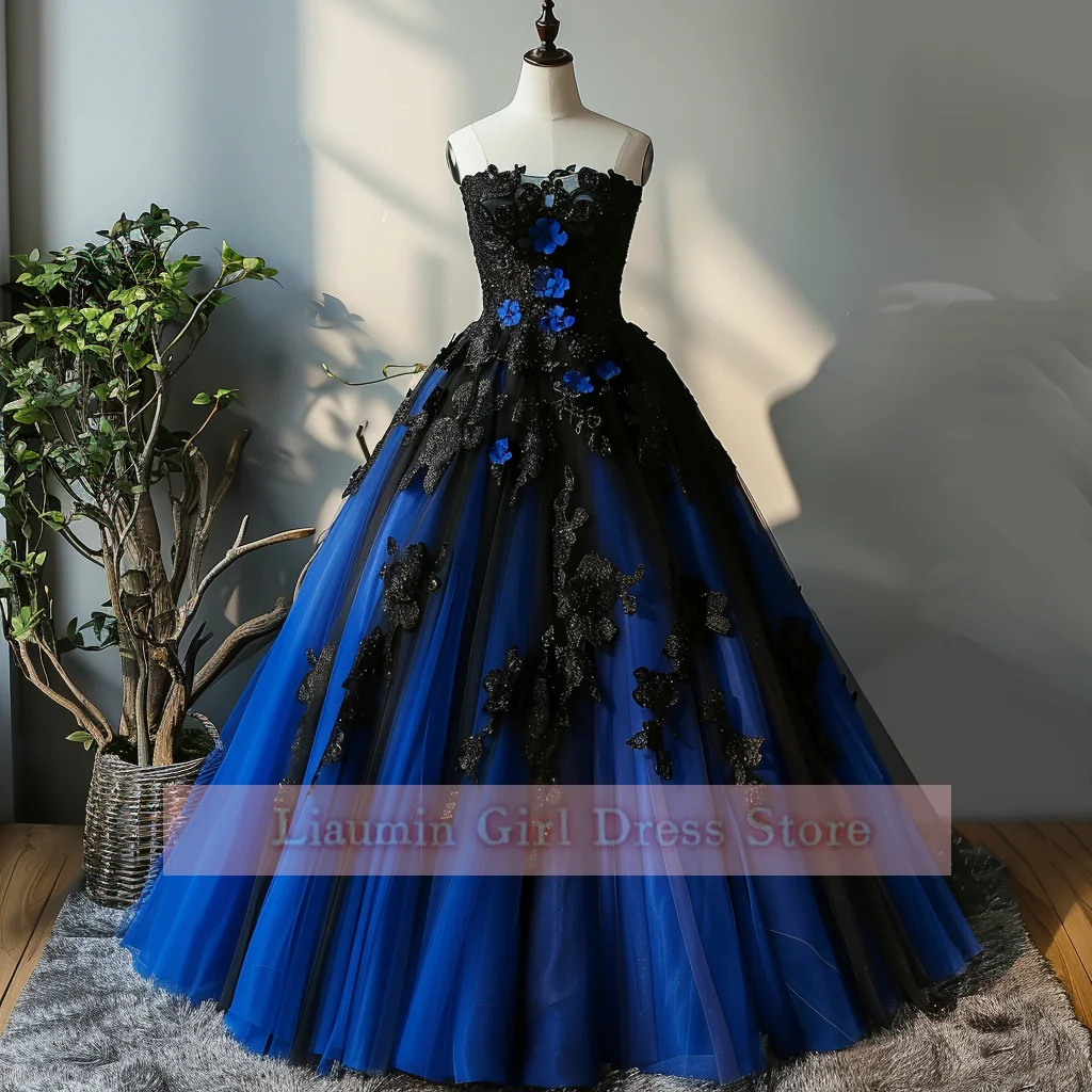 Fashion Blue and Black Applique Strapless Ball Gown Lace Up Back Full Length Evening Formal Party Prom Dress Hand Made W9-13