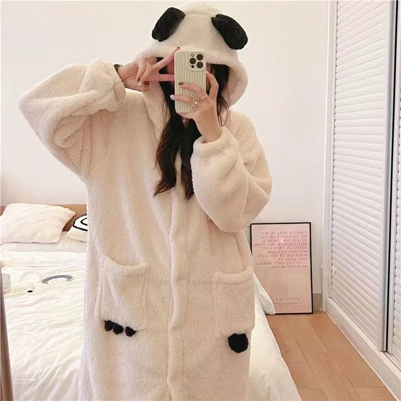 Panda Robe for Women Sleepwear Nightdress Winter Warm Fleece Pajama Hooded One Piece Nightgown Long Sleeve Homewear Night Wears