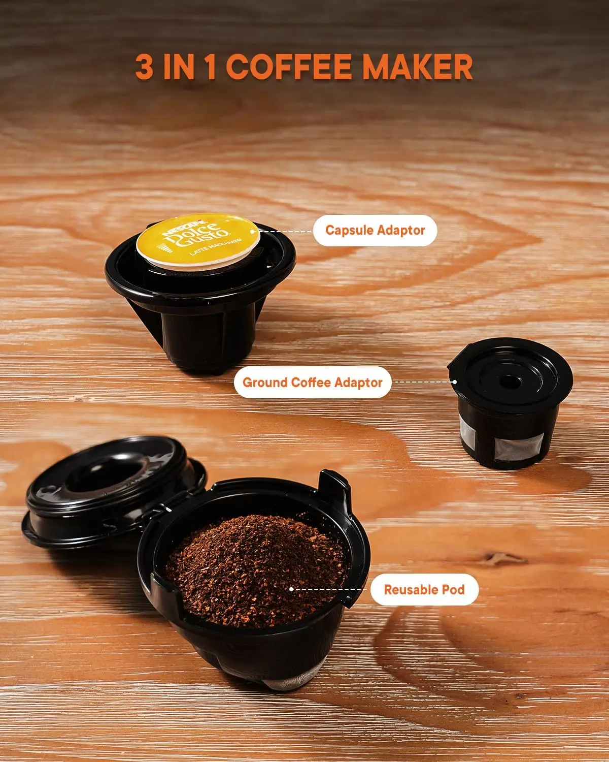 3 in 1 Single Serve Coffee Machine, K Cup Coffee Maker Compatible with Ground Coffee & Teas, 6 to 14oz Brew Sizes, 40oz Removabl