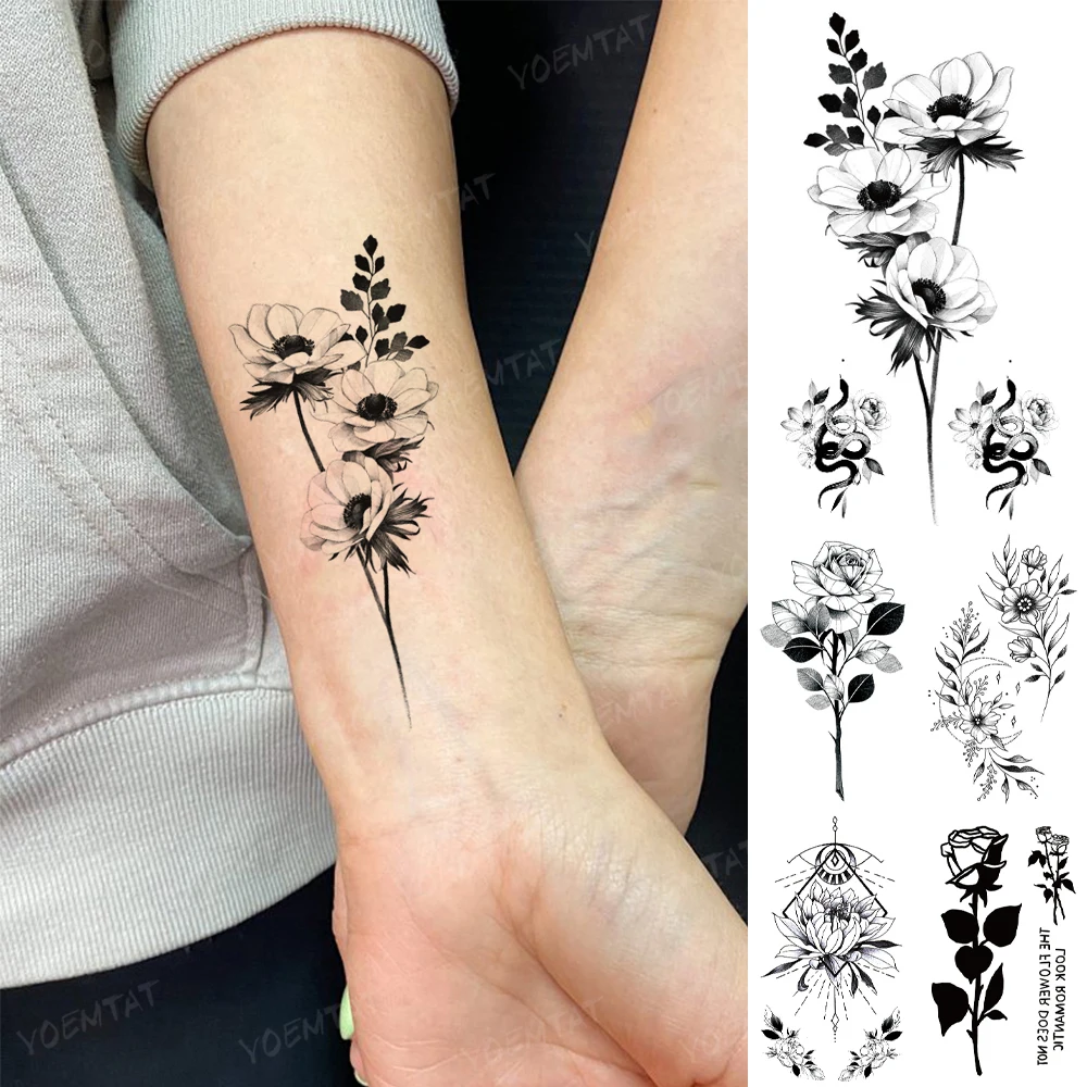 Tatuagem temporária para homens e mulheres, adesivo impermeável, realista, flor, planta, rosa, peônia, cobra, flash, falso, pulso