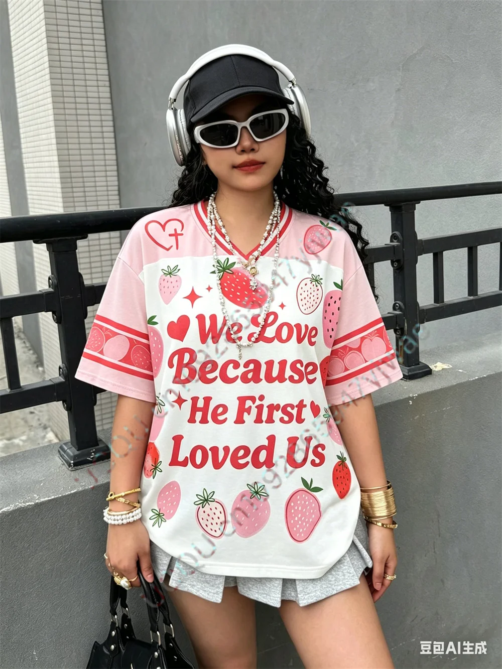 We Loved Because He First Love Us Mesh Jersey Cute Strawberry Printed Short Sleeves Fashion Casual Tee Summer Women's T-shirt