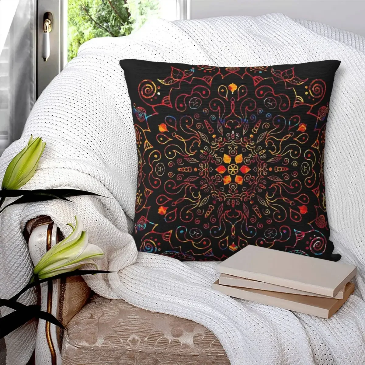 

Mandala With Black Background Square Pillowcase Pillow Cover Polyester Zip Decorative Comfort Throw Pillow for Home Bedroom