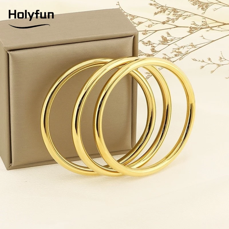 Holyfun Waterproof Stainless Steel Cuff Bracelet Bangles for Women Smooth Metal Openable Bracelets Jewelry Gift