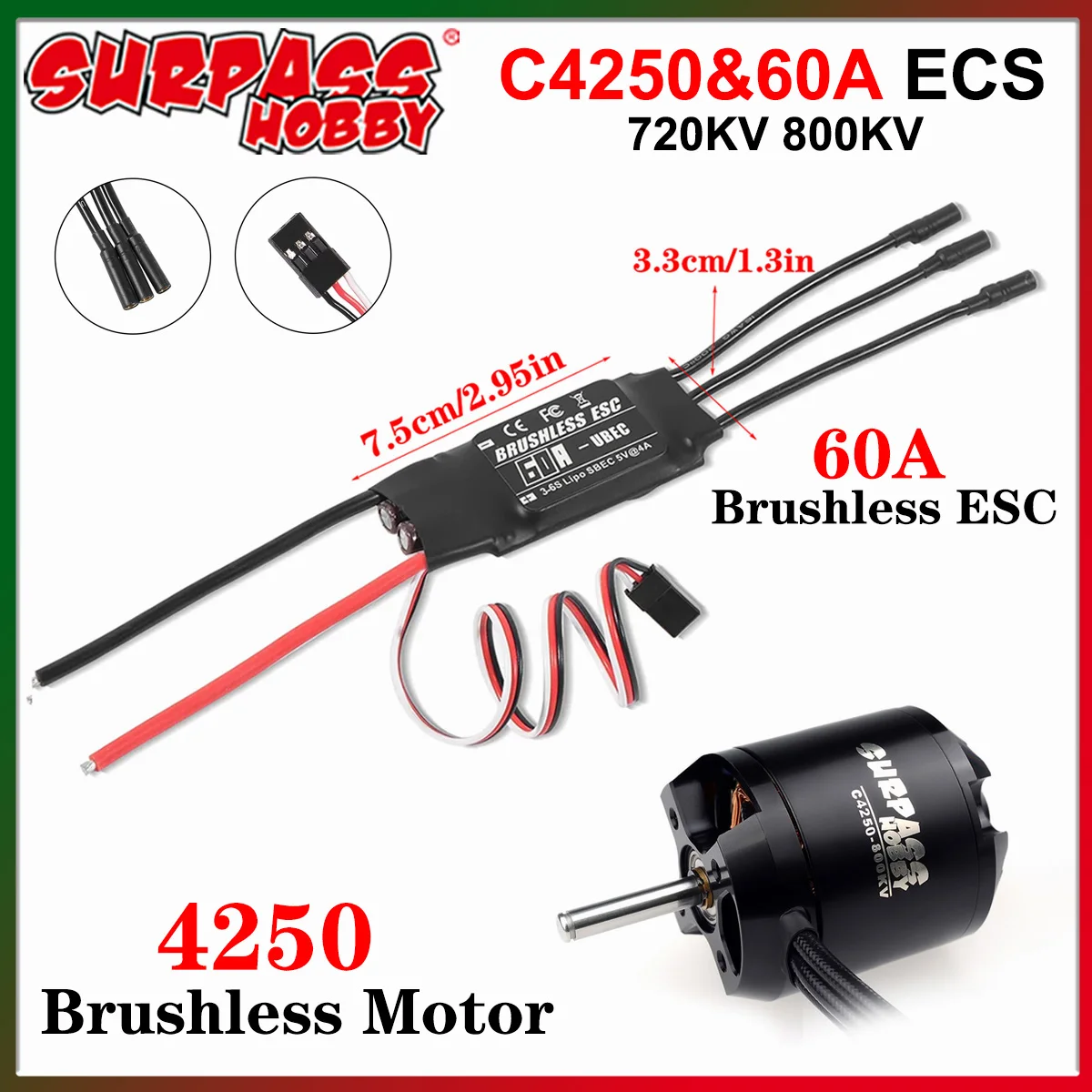

Surpass Hobby 4250 720KV 800KV Outrunner Brushless Motor with 3-6S 60A ESC for RC Fixed-wing Drone Aircraft Multicopters Parts