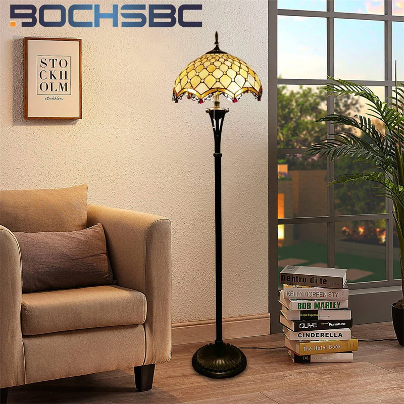 BOCHSBC Tiffany style stained glass American Baroque retro floor lamp for bedroom study living room cafe standing lamp LED decor