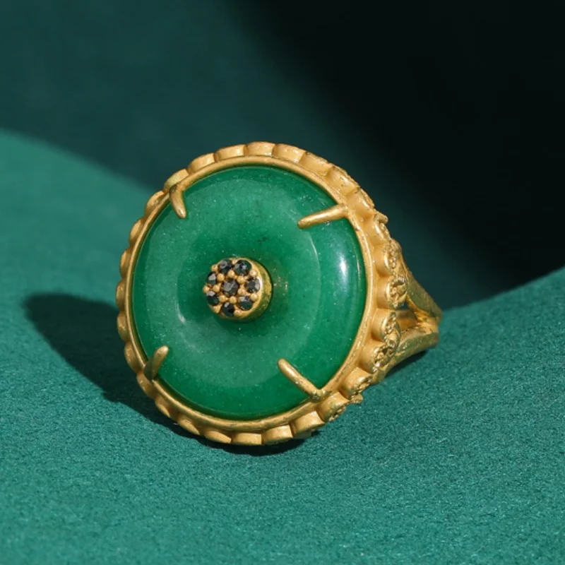 

Vintage Imitated Jade Round Green Ring Emerald For Woman High Quality Gold Color Wedding Jewelry Luxury Designer Accessories