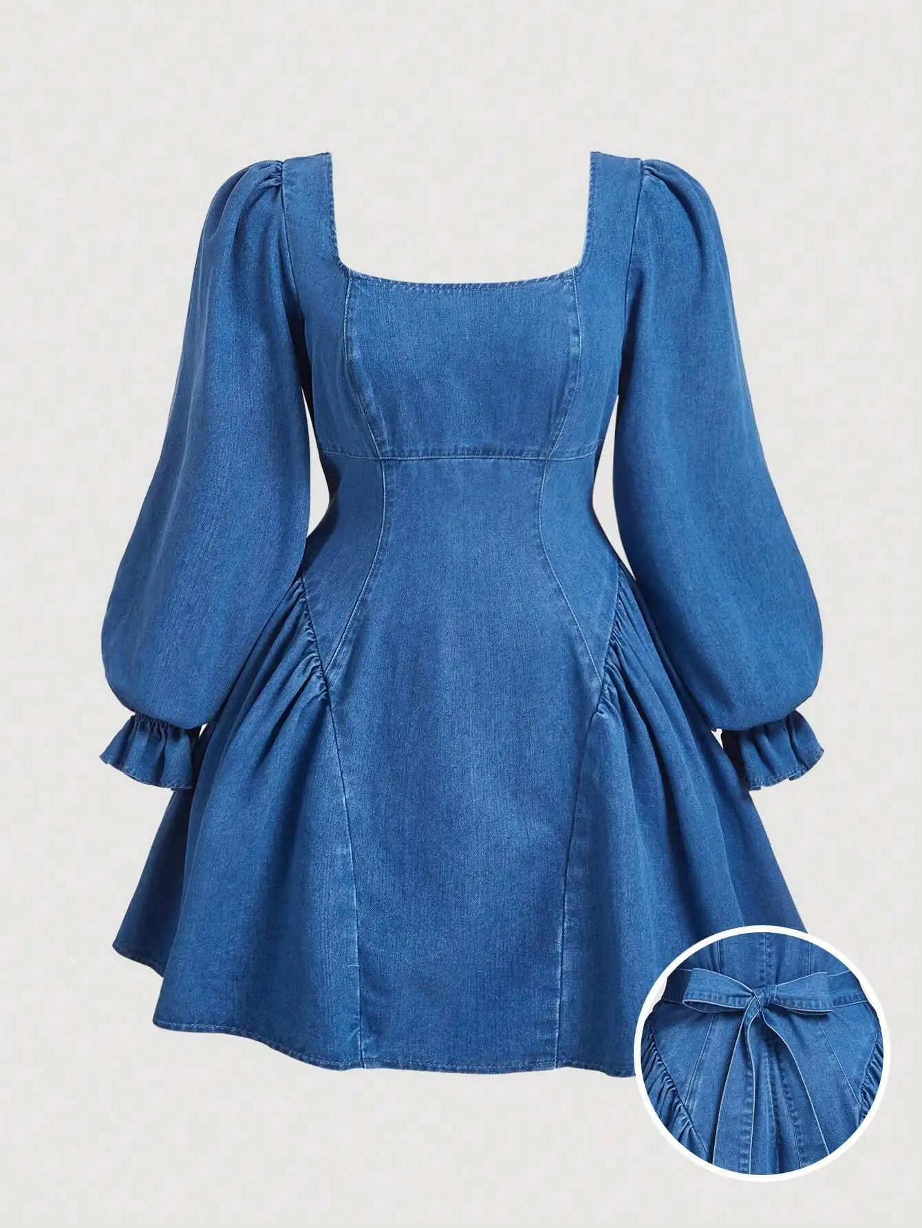 

Denim Mini Dress With Puff Sleeve Square Neck A-Line Fit And Flare