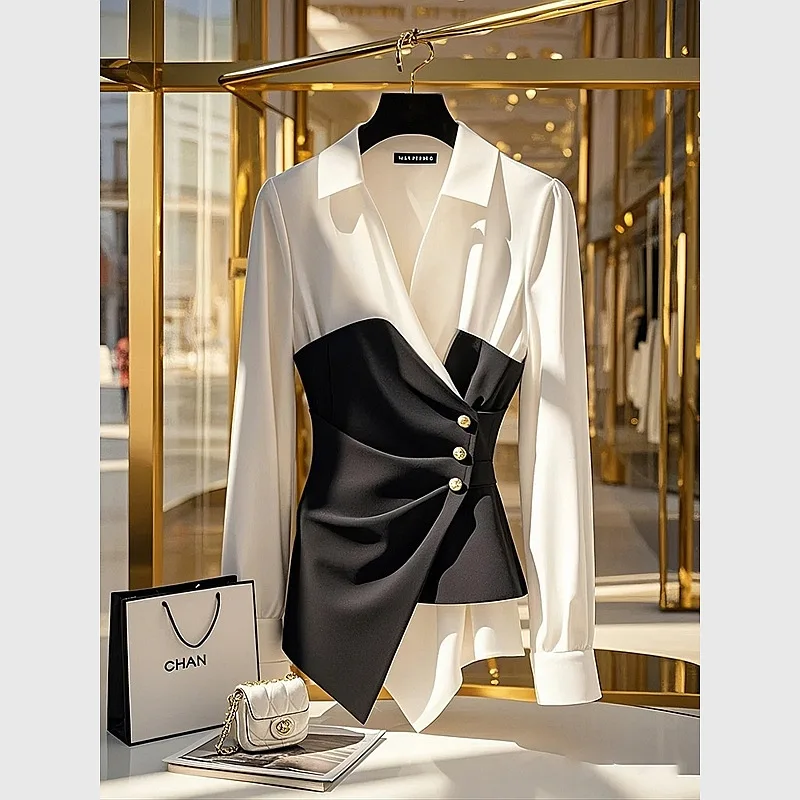 

Популярная женская блузка в французском стиле, высококачественная, черно-белая, с контрастными вставками и эффектом утяжки на талии.