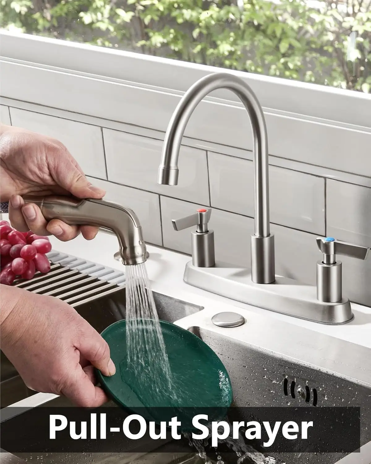Brushed Nickel Kitchen Faucet with Sprayer, 2 Handle 3 Hole 8 Inch Centerset with Supply Lines