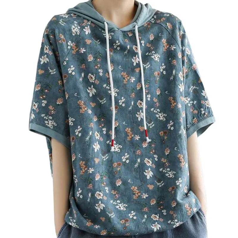 Bohemia Estilo Retro Casual Verão Mulheres Camiseta New Arrivals Broken Flower Harajuku Print Tees Hooded Denim Blue Tops Feminino