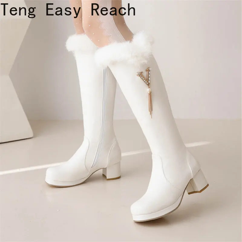 

Winter Warm Knee High Boots Women Platformchunky heel High Heels Snow Boots zipper Winter Ladies Shoes White Black Pink