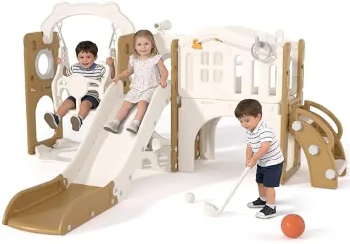 11 in 1 Toddler Slide and Swing Set - Baby Slide for Toddlers 1-3 with Ring Toss and Basketball Hoop, Indoor Outdoor