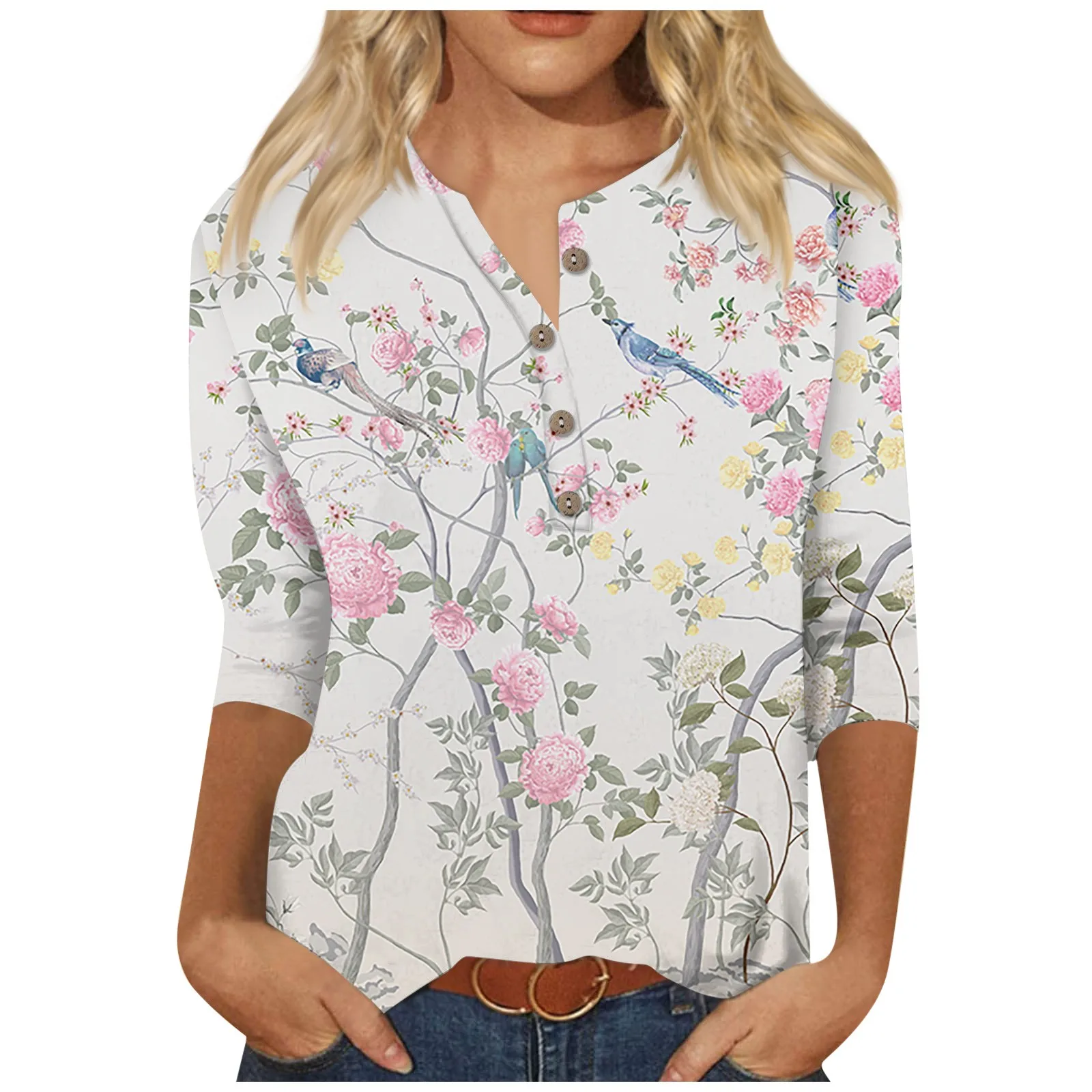 Camiseta informal de uso diario para mujer, blusa con estampado Floral, cuello en V, botones, mangas 2024