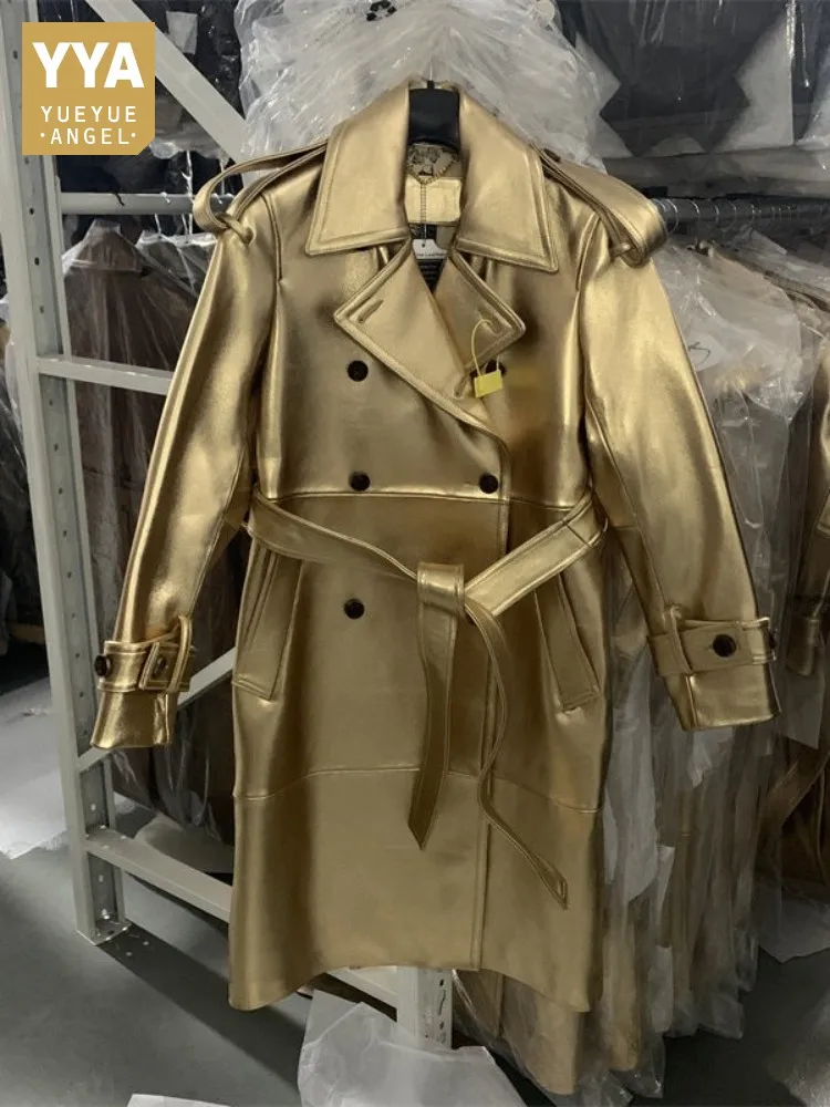 

New Luxury Women Genuine Leather Long Coat Italian Style Vintage Sashes Double Breasted High Street Female Windbreakers Jacket