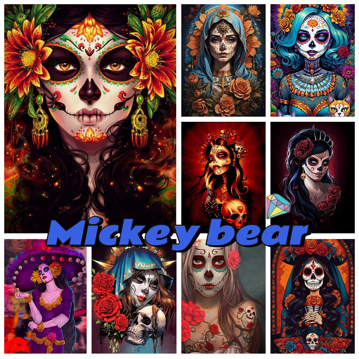 

Skeleton Diamond Art Painting Kit Skull Girls Picture Diy Diamond Embroidery Cross Stitch Day of the Dead Gift Home Wall Decor