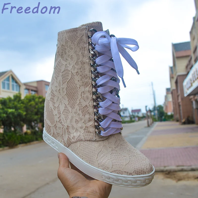 

8cm inner height apricot lace lacing small women boots strappy sneakers big size shoes tide shoes